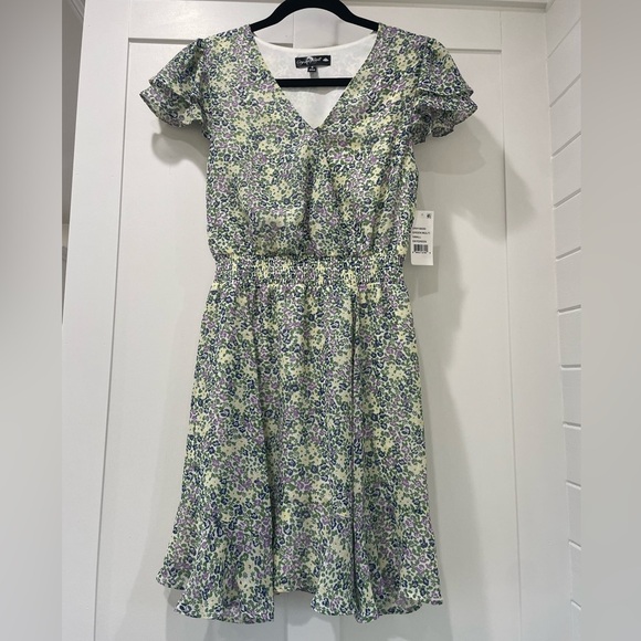 Crystal Doll Floral Mini Dress - Green and Purple - Picture 1 of 3